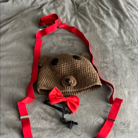 Brown Bear Knit Hat with Red Suspenders Set - Picture 1 of 1